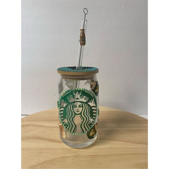 Starbucks Disney coffee handmade glass cup with straw topper - Picture 1 of 6
